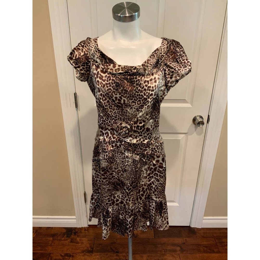 Blumarine Brown Leopard Print Silk Draped Neck Dress, Size 6 (US) 42 (IT)